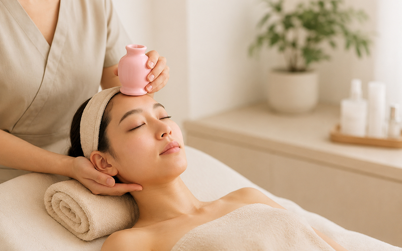Woman receiving a revitalising Peach Blossom Facial skin treatment.