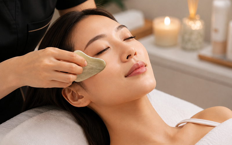 Therapist performing Bojin eye massage treatment to reduce puffiness.