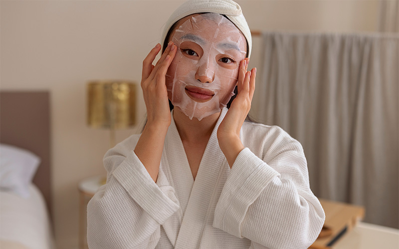 Woman applying a hydrating white sheet mask to her face