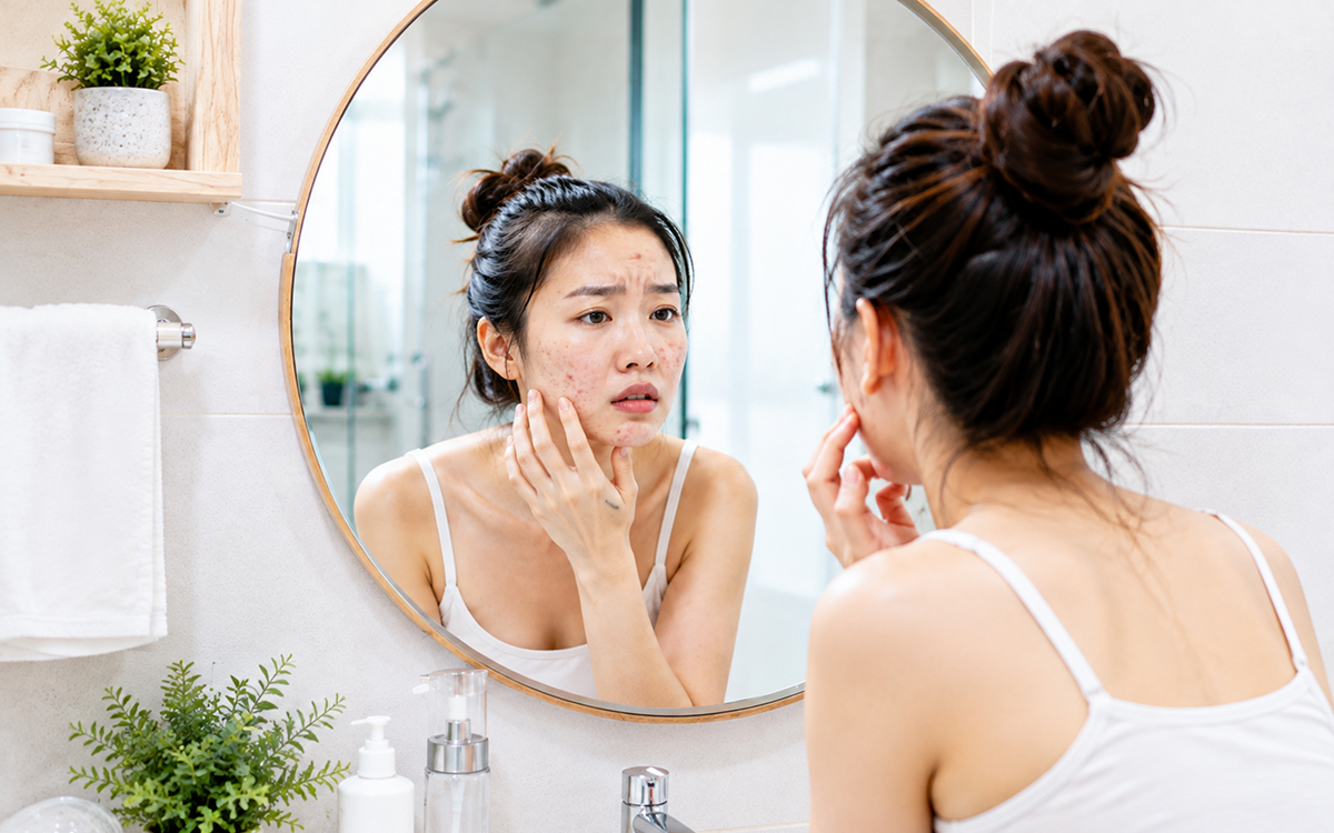 women with pimples looking into mirror